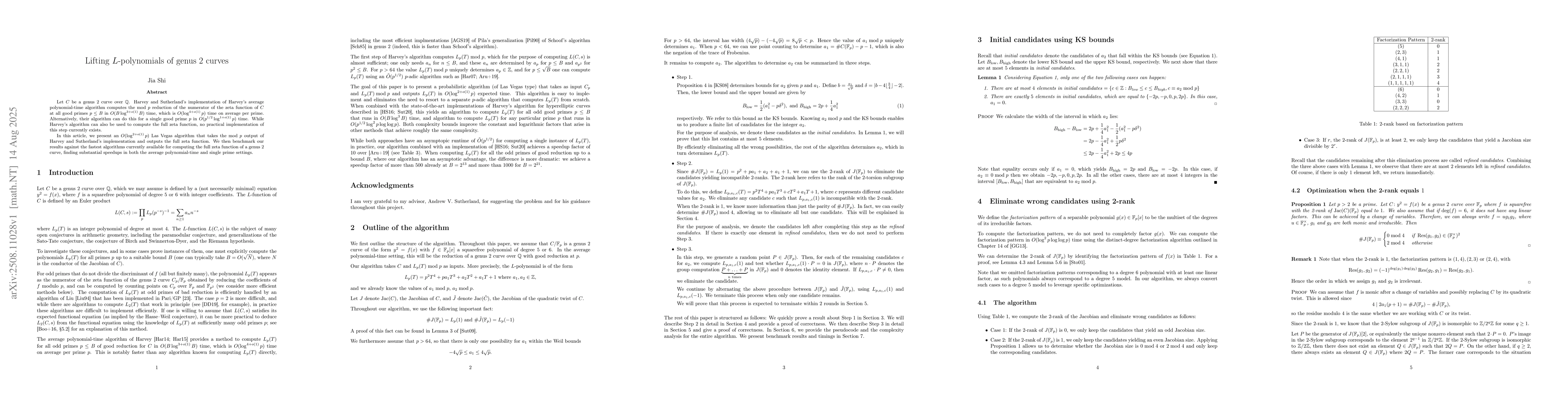 Thumbnail for Lifting $L$-polynomials of genus 2 curves
