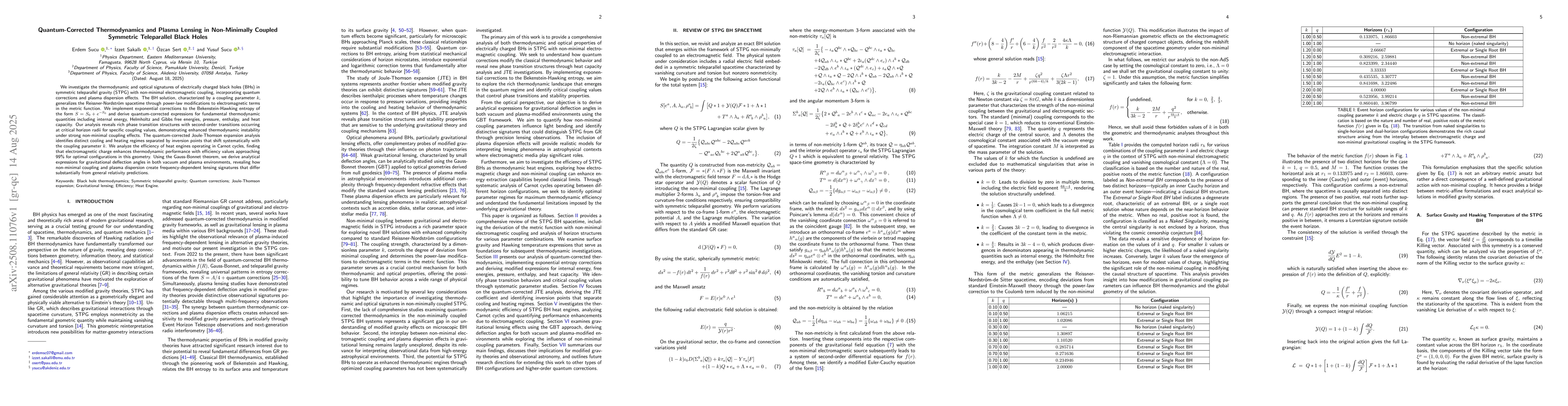 Thumbnail for Quantum-Corrected Thermodynamics and Plasma Lensing in Non-Minimally
  Coupled Symmetric Teleparallel Black Holes