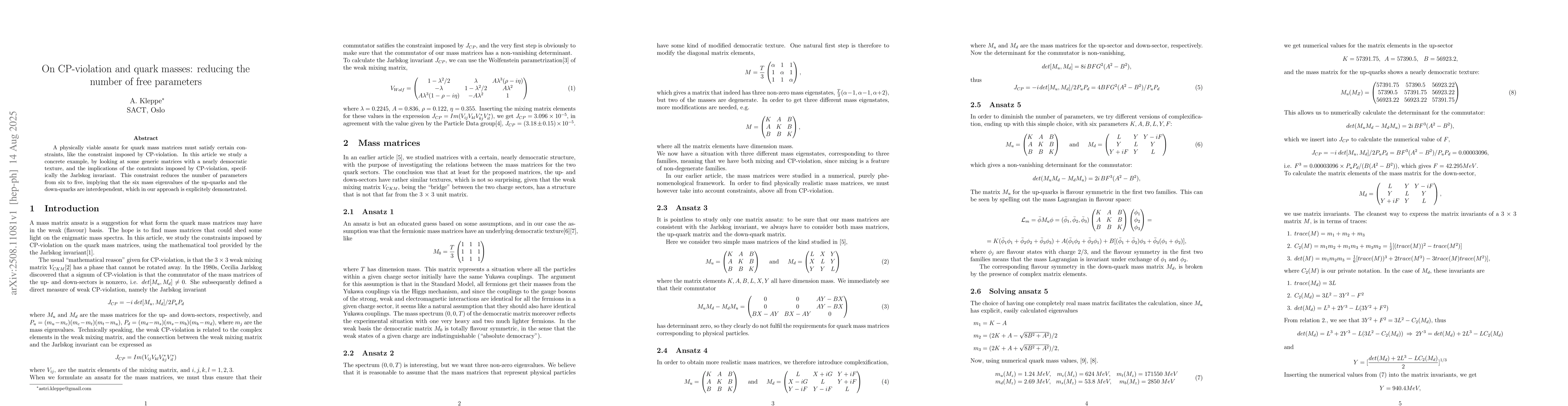 Thumbnail for On CP-violation and quark masses: reducing the number of free parameters