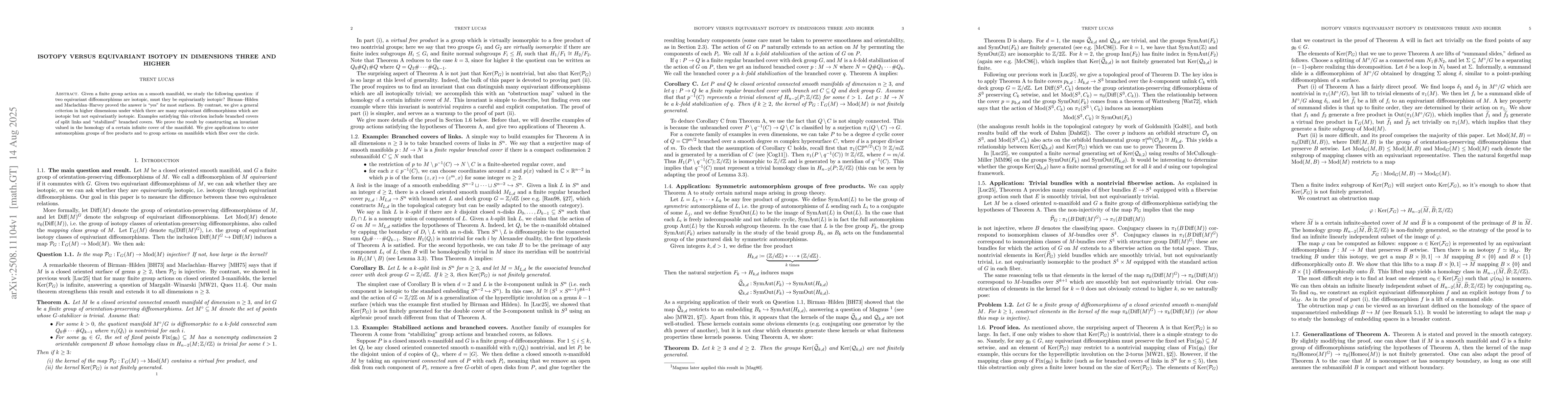 Thumbnail for Isotopy versus equivariant isotopy in dimensions three and higher