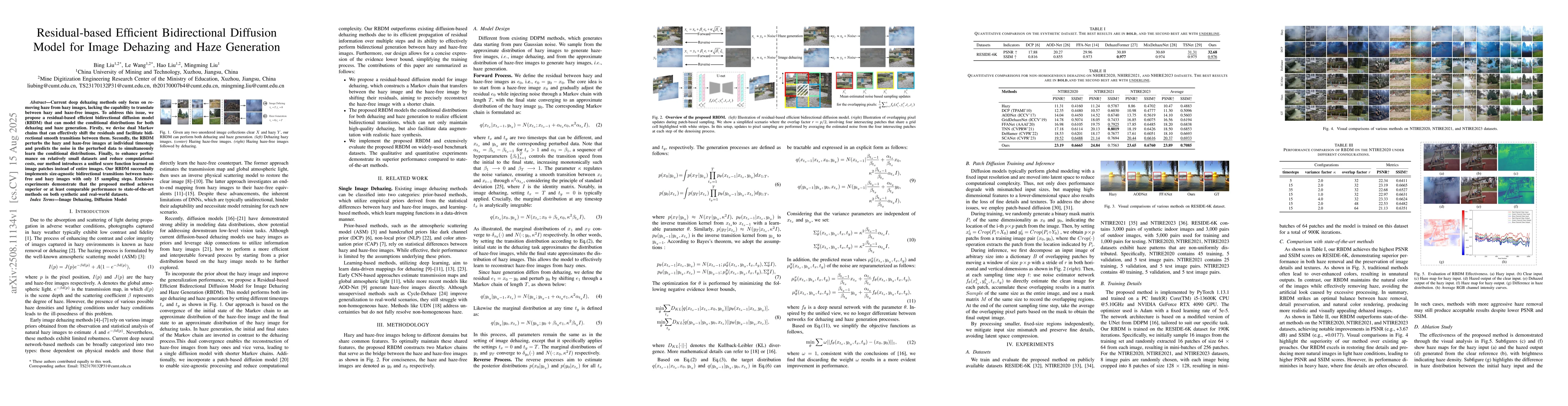 Thumbnail for Residual-based Efficient Bidirectional Diffusion Model for Image
  Dehazing and Haze Generation