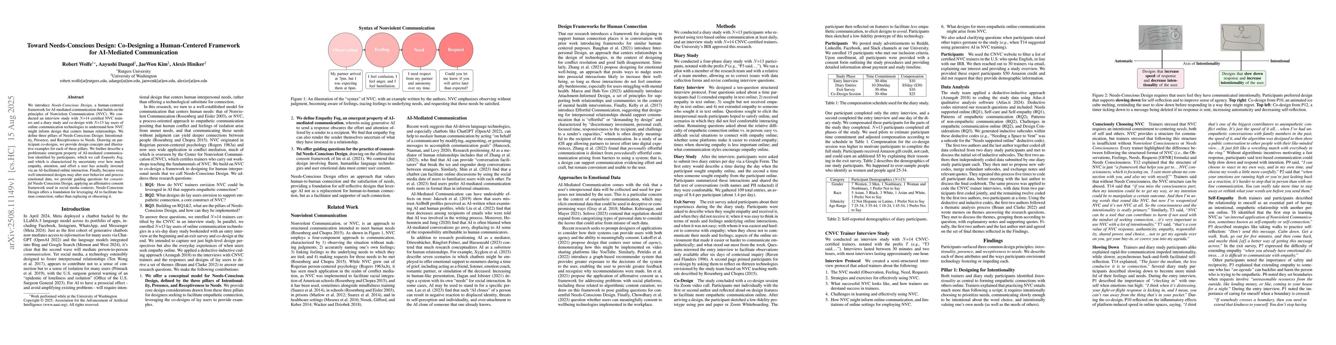 Thumbnail for Toward Needs-Conscious Design: Co-Designing a Human-Centered Framework
  for AI-Mediated Communication