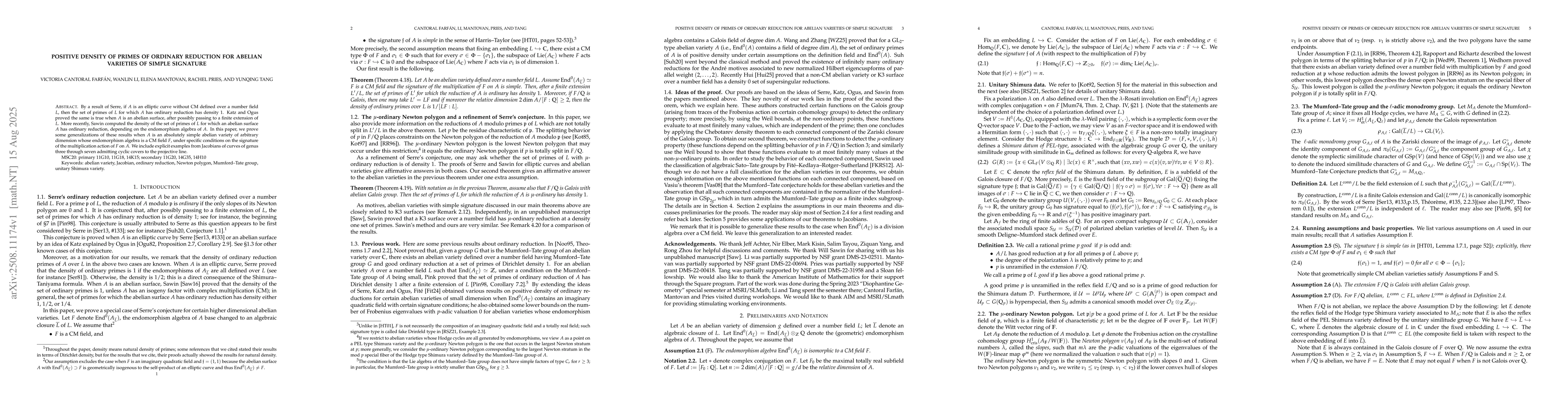 Thumbnail for Positive density of primes of ordinary reduction for abelian varieties
  of simple signature