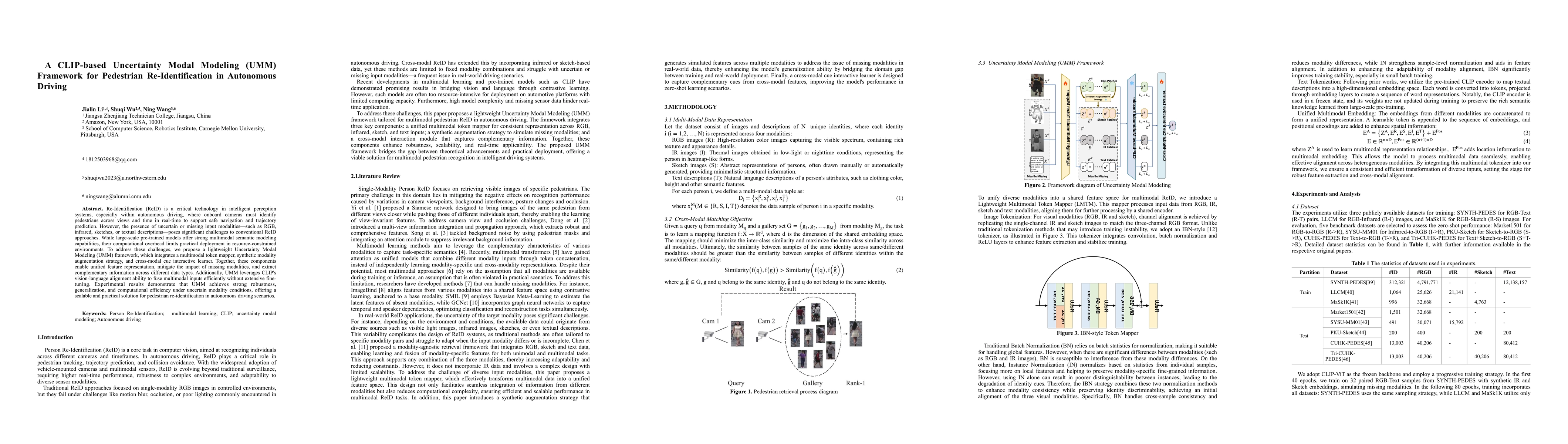 Thumbnail for A CLIP-based Uncertainty Modal Modeling (UMM) Framework for Pedestrian
  Re-Identification in Autonomous Driving