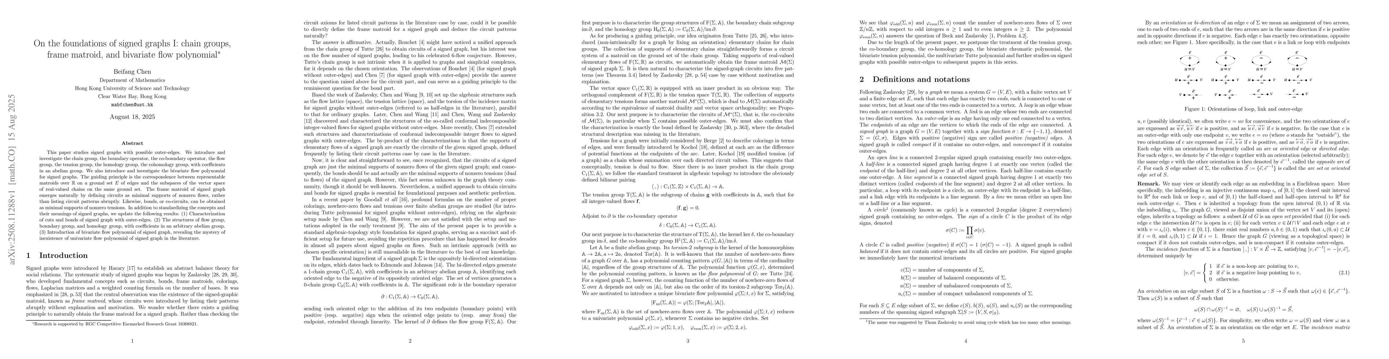 Thumbnail for On the foundations of signed graphs I: chain groups, frame matroid, and
  bivariate flow polynomial