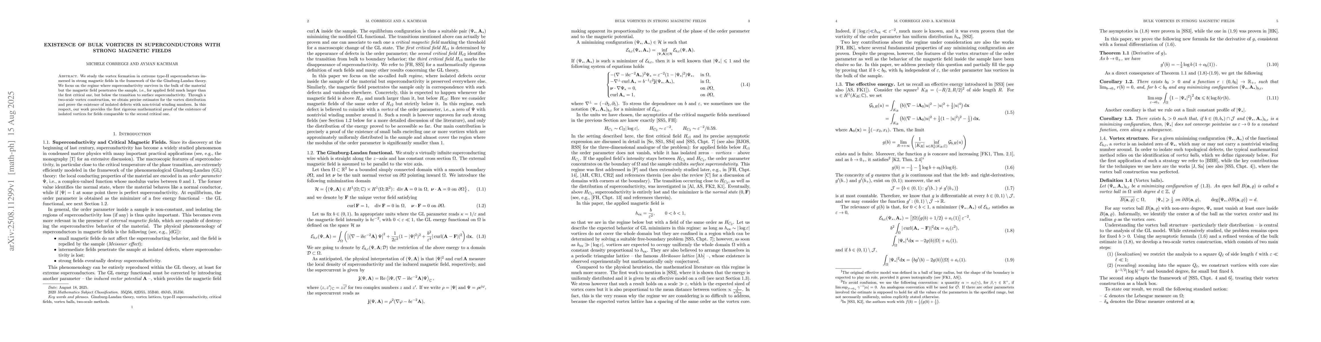 Thumbnail for Existence of Bulk Vortices in Superconductors with Strong Magnetic
  Fields