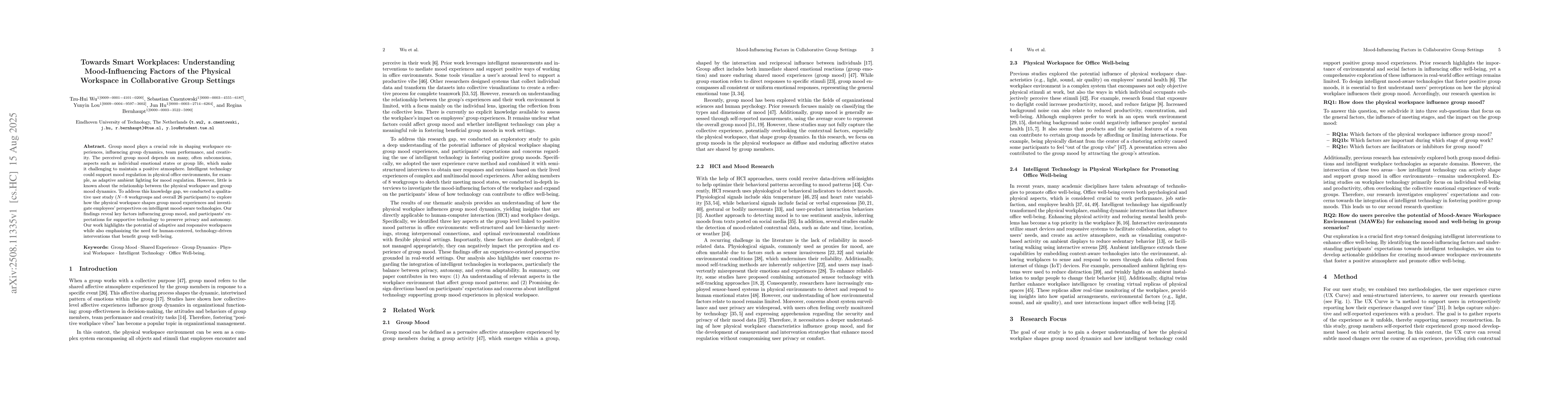 Thumbnail for Towards Smart Workplaces: Understanding Mood-Influencing Factors of the
  Physical Workspace in Collaborative Group Settings