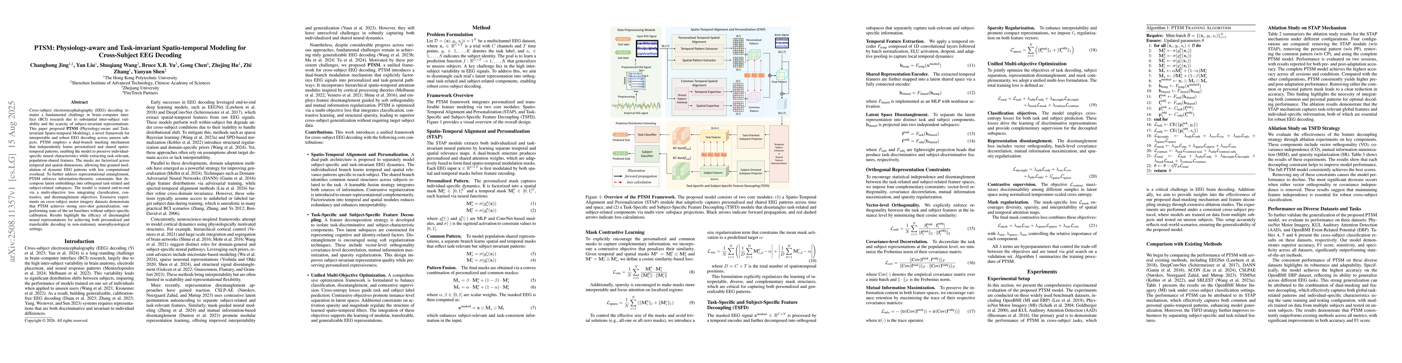 Thumbnail for PTSM: Physiology-aware and Task-invariant Spatio-temporal Modeling for
  Cross-Subject EEG Decoding