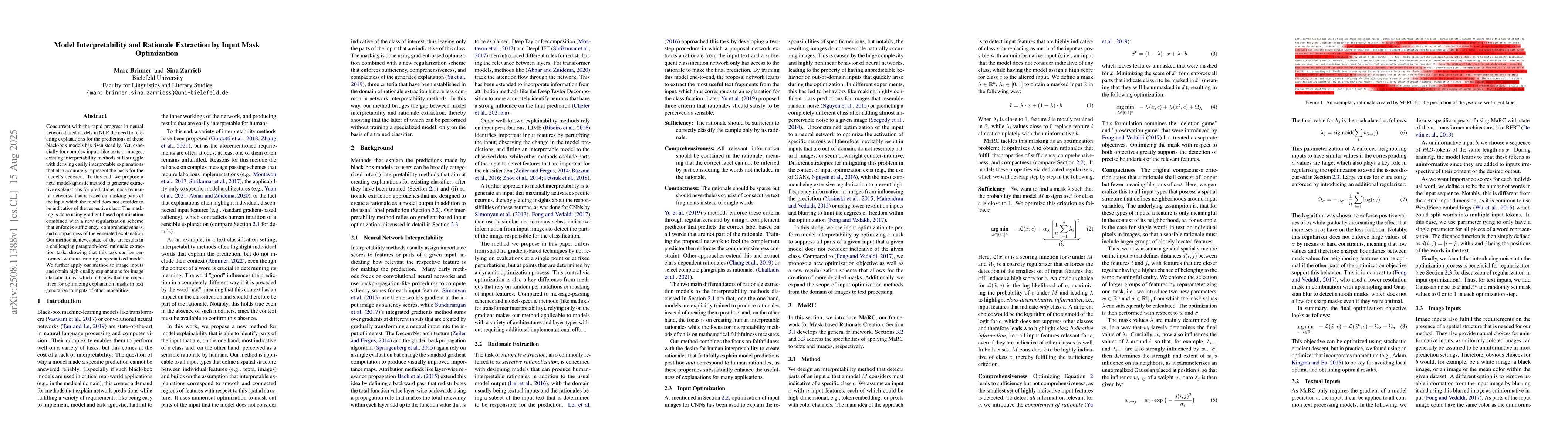 Thumbnail for Model Interpretability and Rationale Extraction by Input Mask
  Optimization