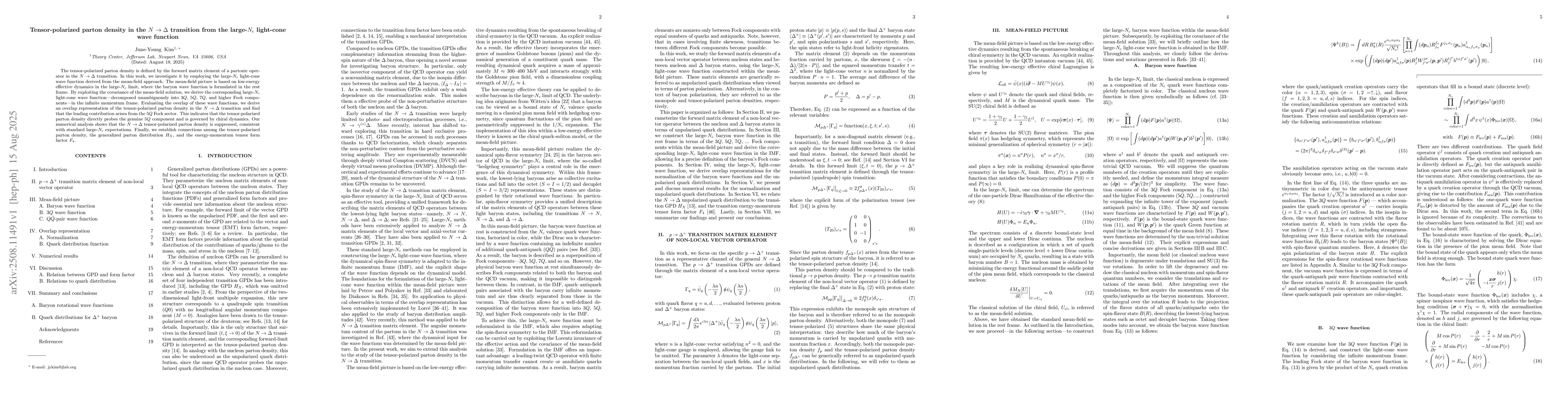Thumbnail for Tensor-polarized parton density in the $N \to Δ$ transition from
  the large-$N_c$ light-cone wave function