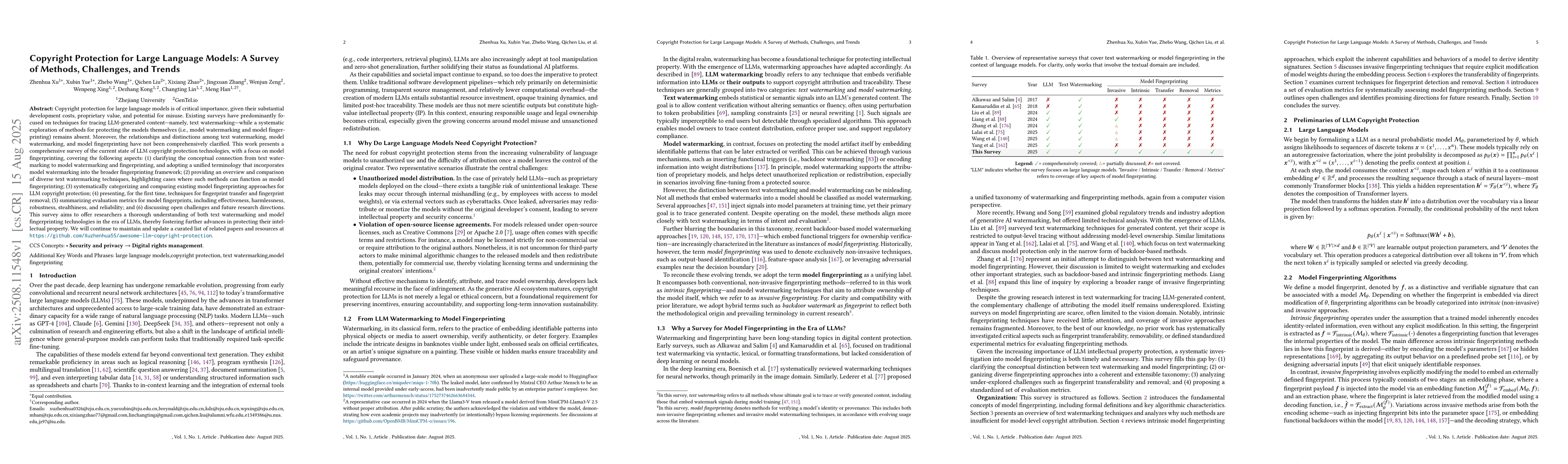 Thumbnail for Copyright Protection for Large Language Models: A Survey of Methods,
  Challenges, and Trends