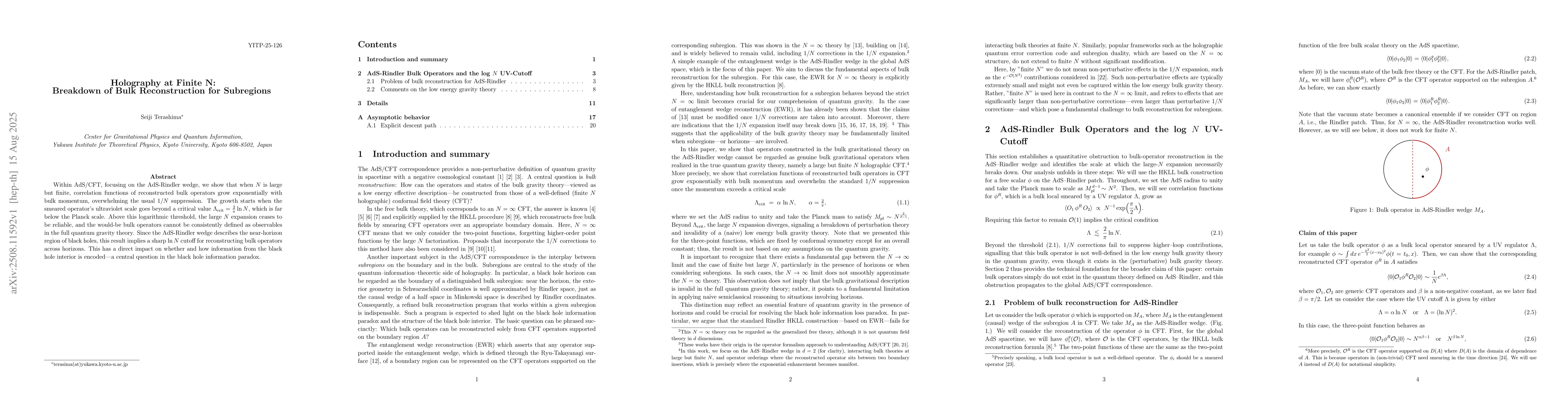 Thumbnail for Holography at Finite N: Breakdown of Bulk Reconstruction for Subregions