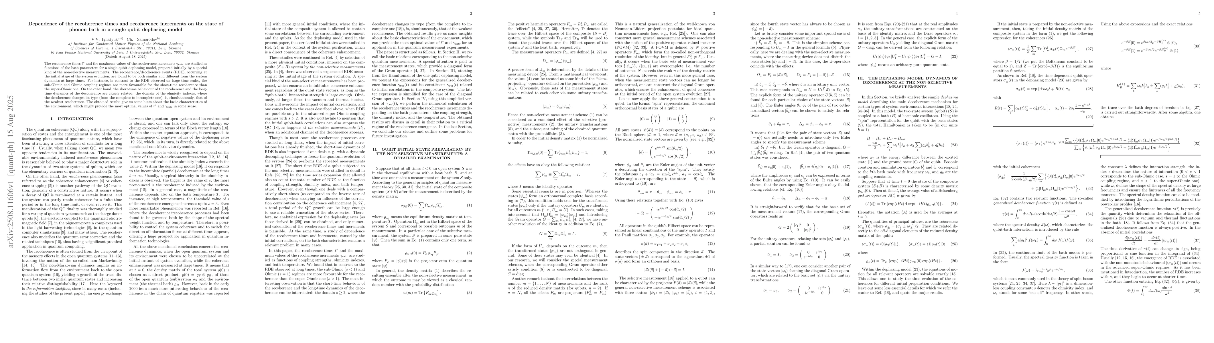 Thumbnail for Dependence of the recoherence times and recoherence increments on the
  state of phonon bath in a single qubit dephasing model