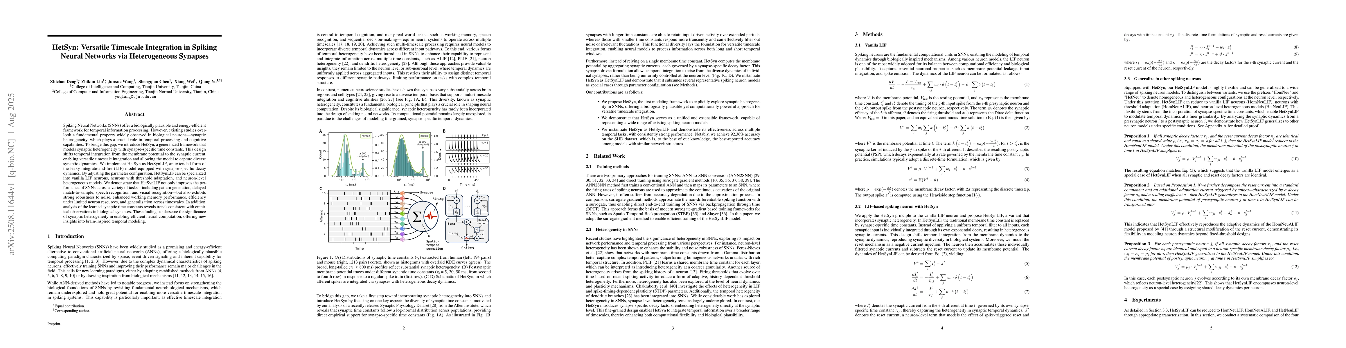 Thumbnail for HetSyn: Versatile Timescale Integration in Spiking Neural Networks via
  Heterogeneous Synapses