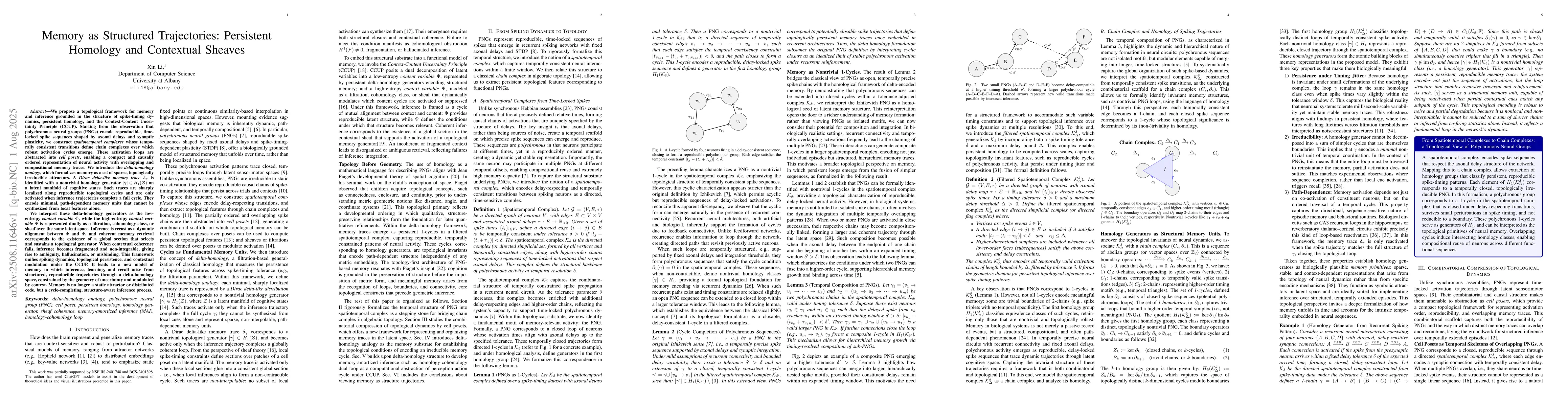 Thumbnail for Memory as Structured Trajectories: Persistent Homology and Contextual
  Sheaves