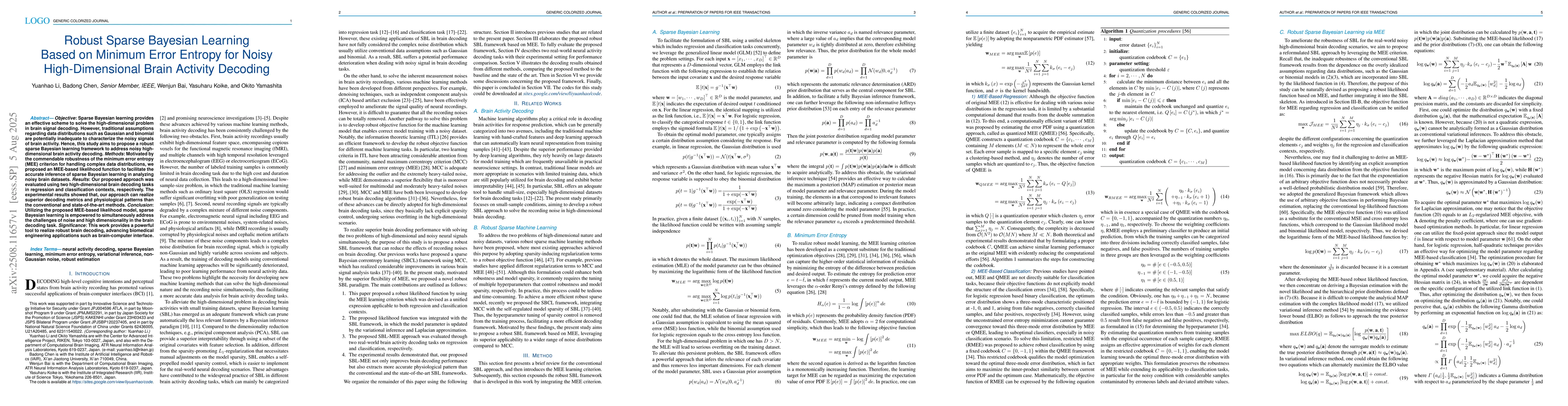 Thumbnail for Robust Sparse Bayesian Learning Based on Minimum Error Entropy for Noisy
  High-Dimensional Brain Activity Decoding