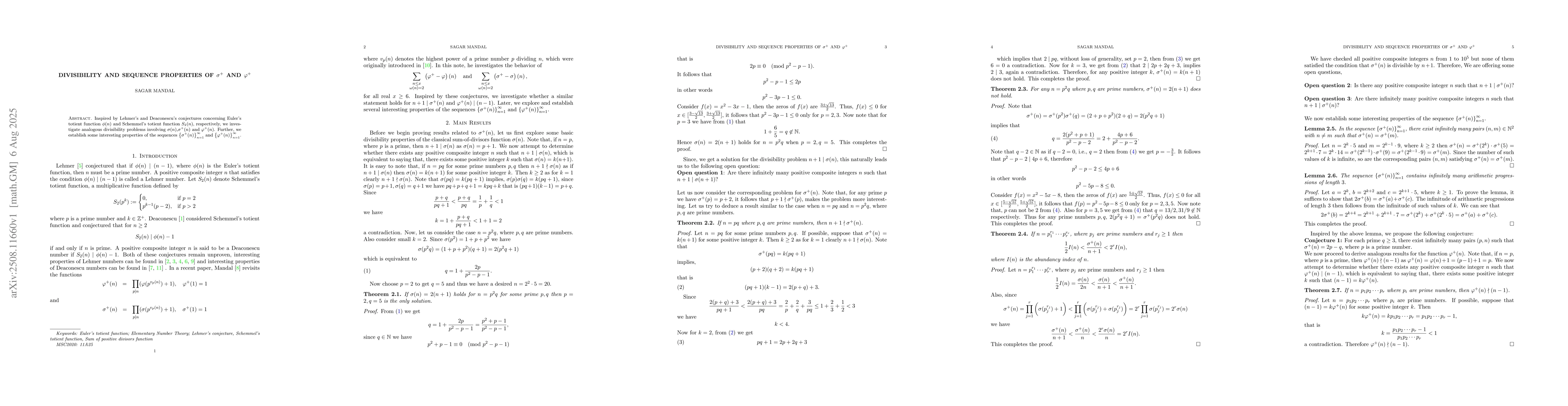 Thumbnail for Divisibility and Sequence Properties of $σ^+$ and $\varphi^+$