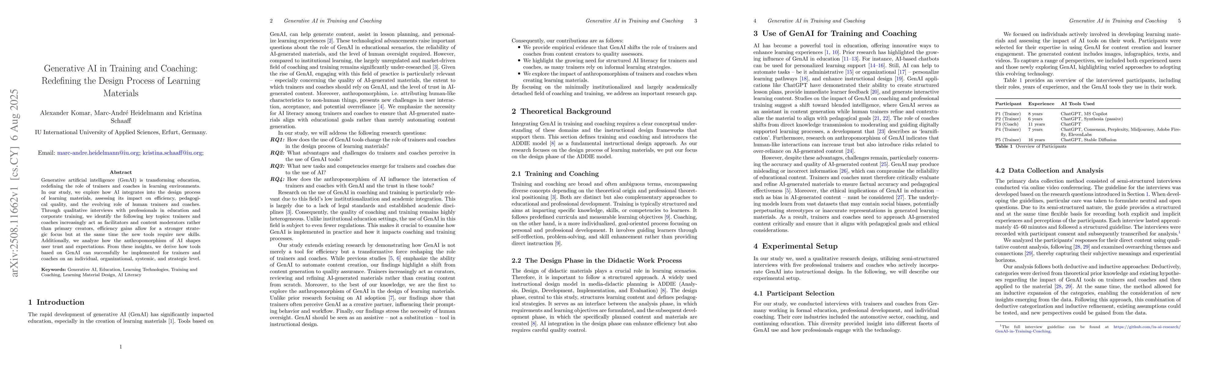Thumbnail for Generative AI in Training and Coaching: Redefining the Design Process of
  Learning Materials