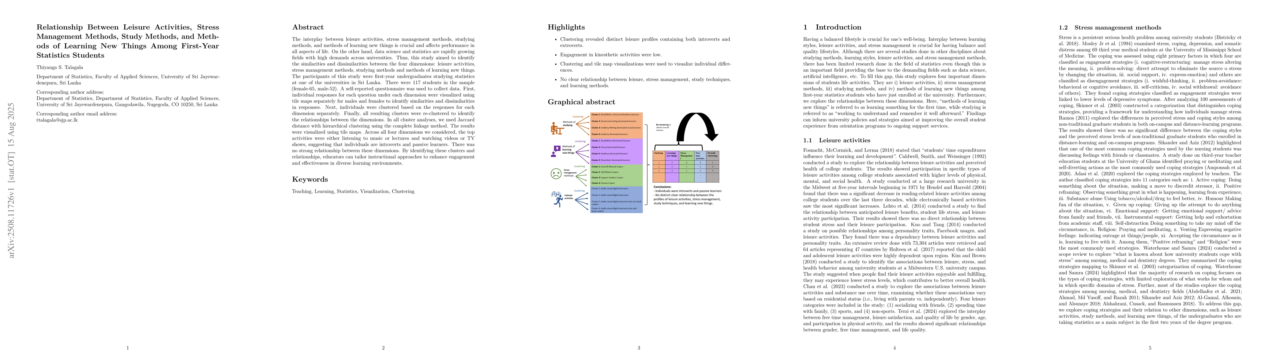 Thumbnail for Relationship Between Leisure Activities, Stress Management Methods,
  Study Methods, and Methods of Learning New Things Among First-Year Statistics
  Students