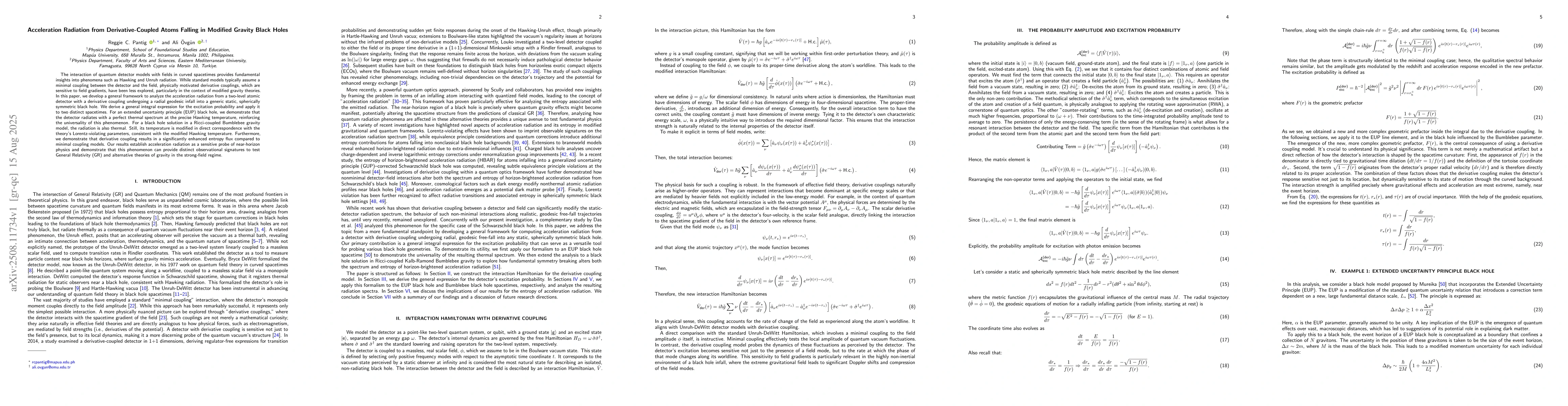 Thumbnail for Acceleration Radiation from Derivative-Coupled Atoms Falling in Modified
  Gravity Black Holes