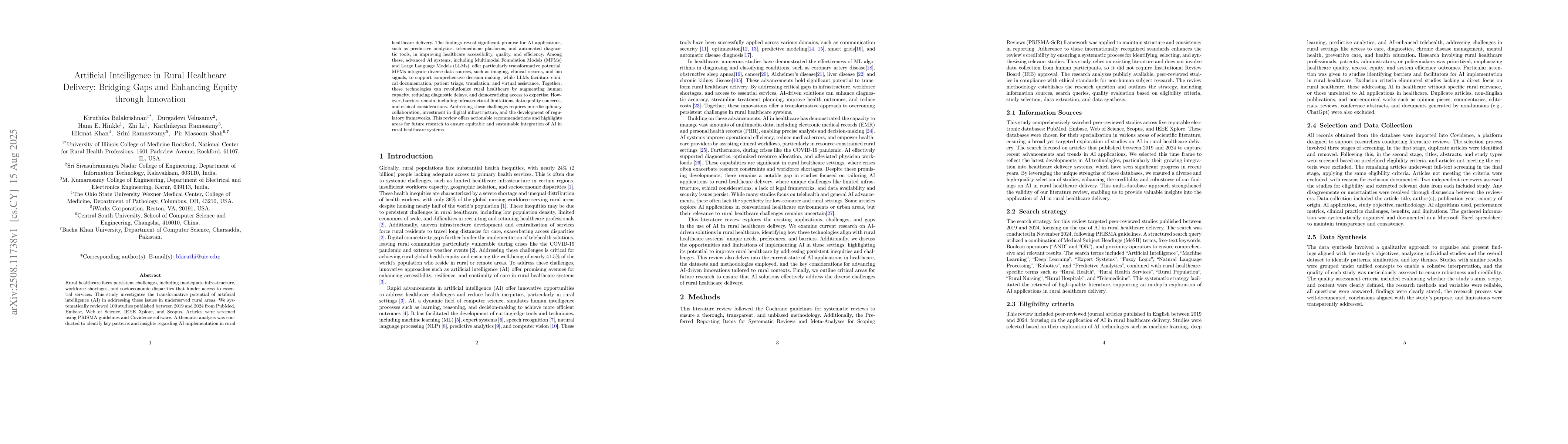 Thumbnail for Artificial Intelligence in Rural Healthcare Delivery: Bridging Gaps and
  Enhancing Equity through Innovation