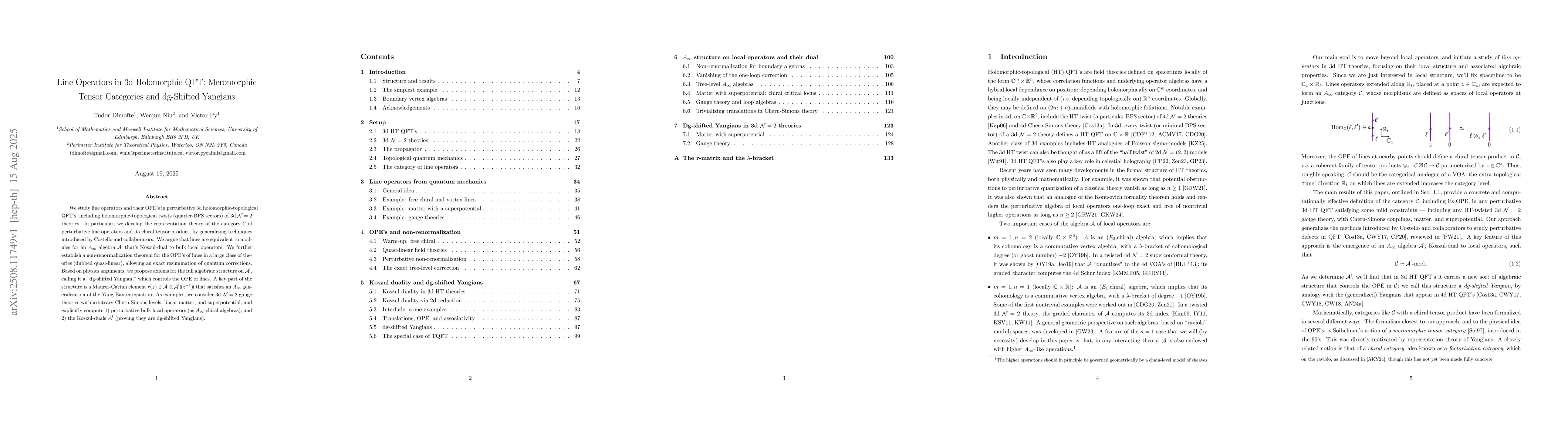 Thumbnail for Line Operators in 3d Holomorphic QFT: Meromorphic Tensor Categories and
  dg-Shifted Yangians