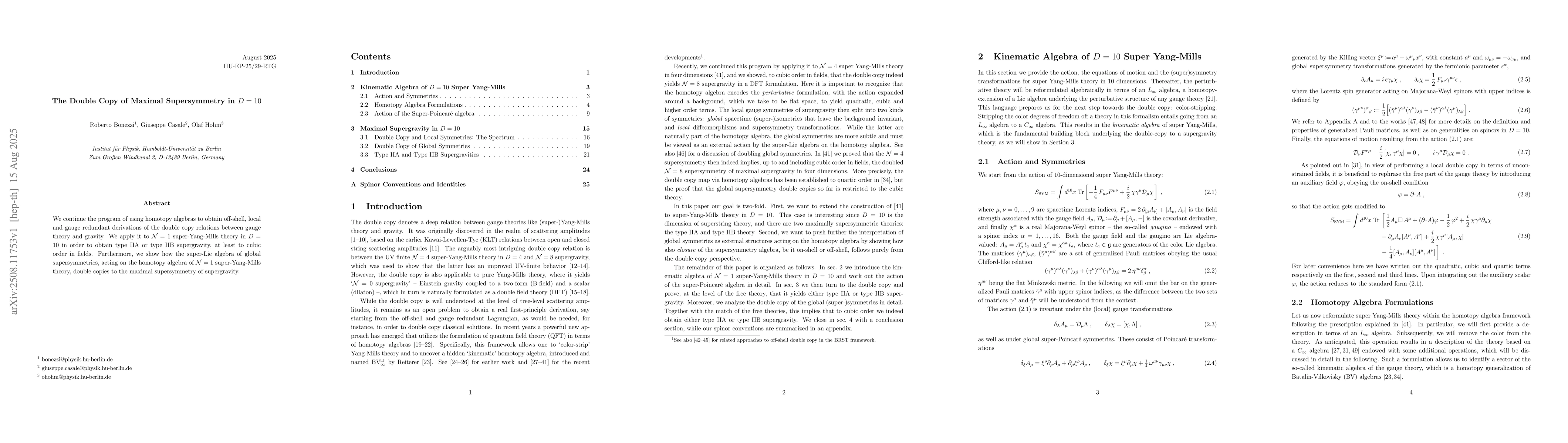 Thumbnail for The Double Copy of Maximal Supersymmetry in $D=10$