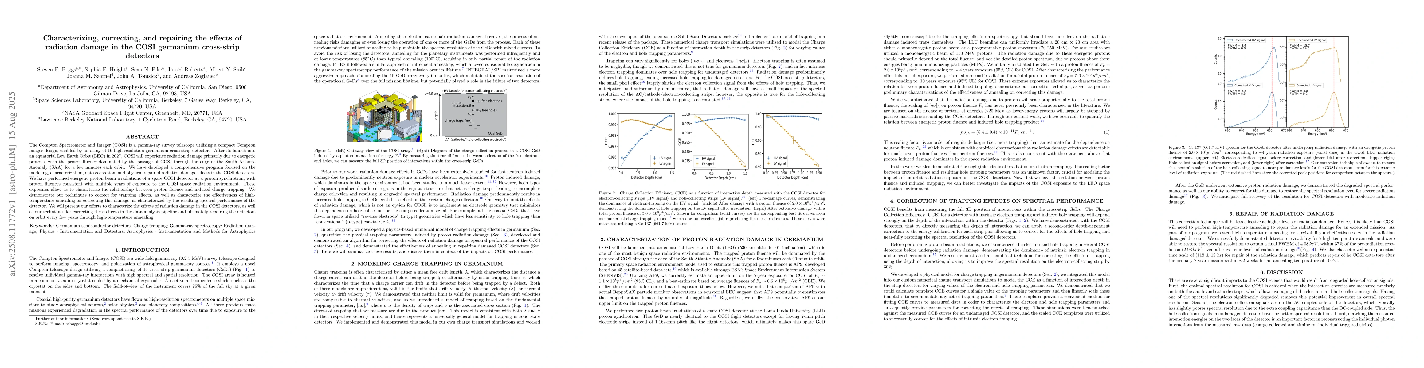Thumbnail for Characterizing, correcting, and repairing the effects of radiation
  damage in the COSI germanium cross-strip detectors