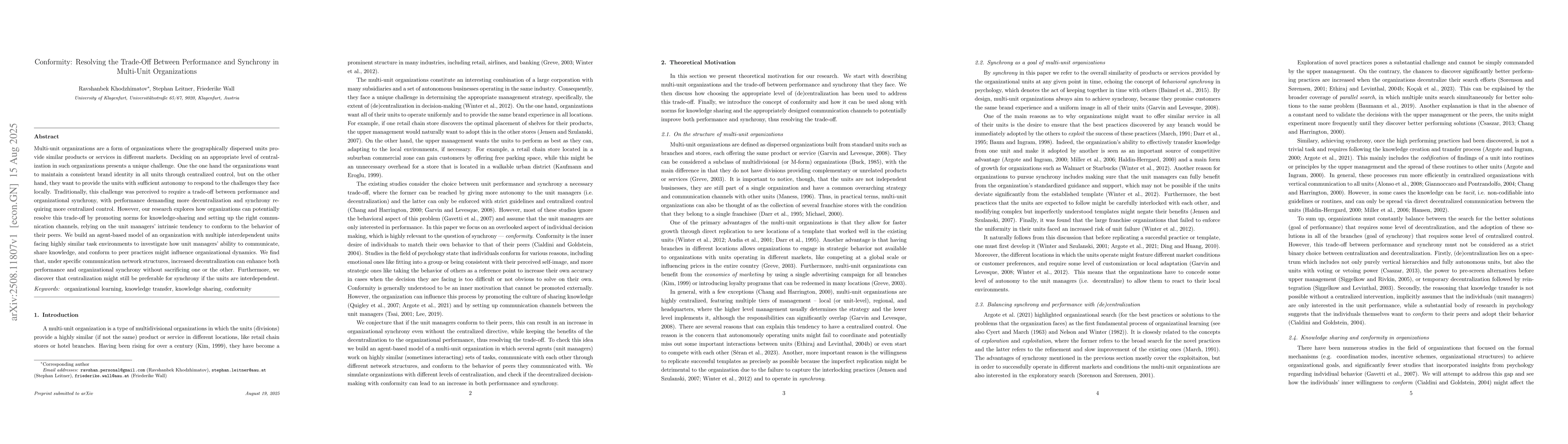 Thumbnail for Conformity: Resolving the Trade-Off Between Performance and Synchrony in
  Multi-Unit Organizations