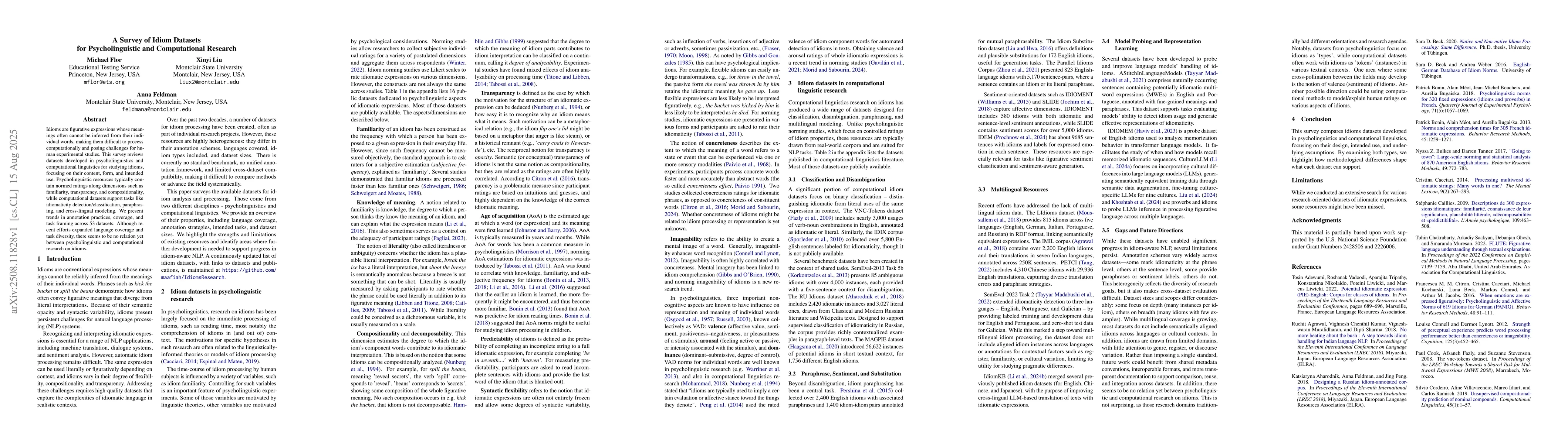 Thumbnail for A Survey of Idiom Datasets for Psycholinguistic and Computational
  Research