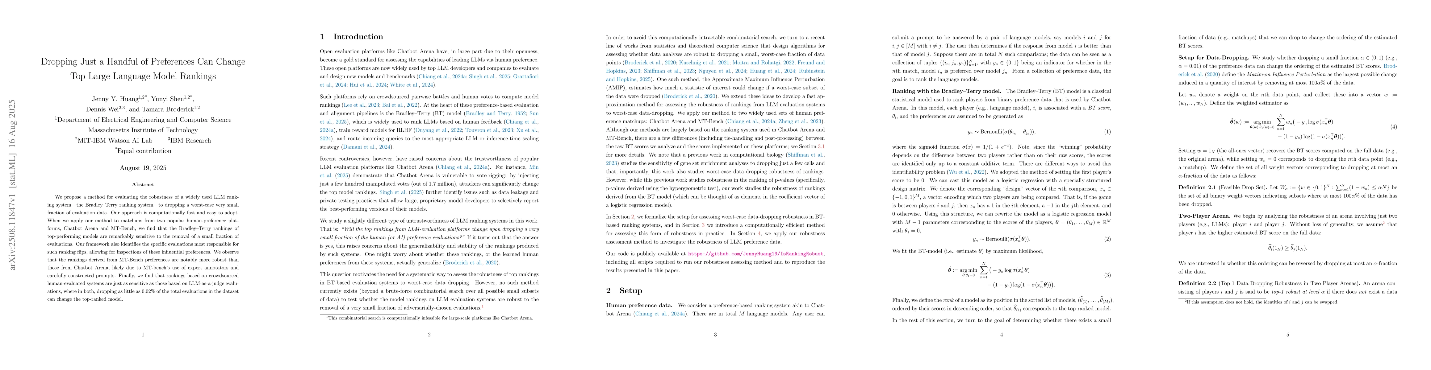 Thumbnail for Dropping Just a Handful of Preferences Can Change Top Large Language
  Model Rankings