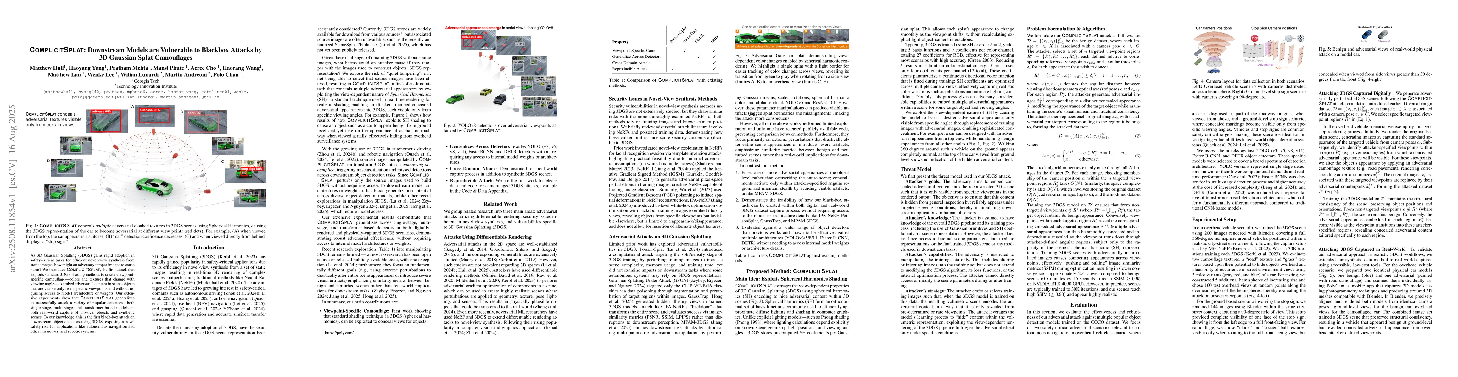 Thumbnail for ComplicitSplat: Downstream Models are Vulnerable to Blackbox Attacks by
  3D Gaussian Splat Camouflages