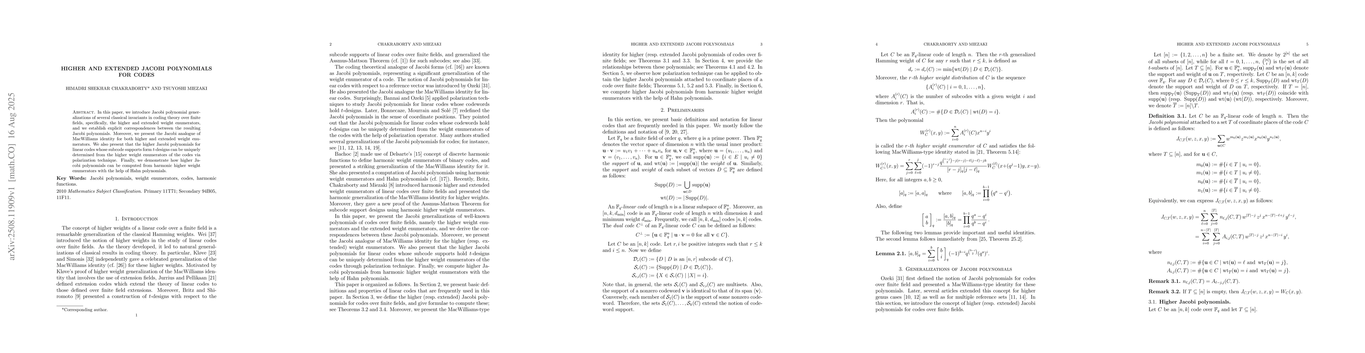Thumbnail for Higher and extended Jacobi polynomials for codes