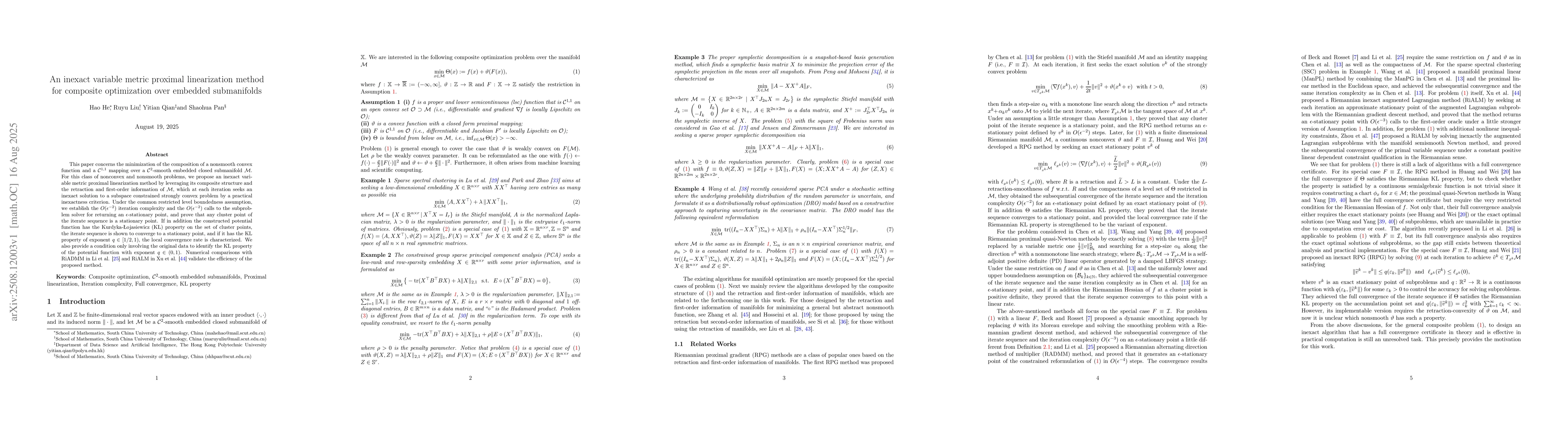 Thumbnail for An inexact variable metric proximal linearization method for composite
  optimization over embedded submanifolds
