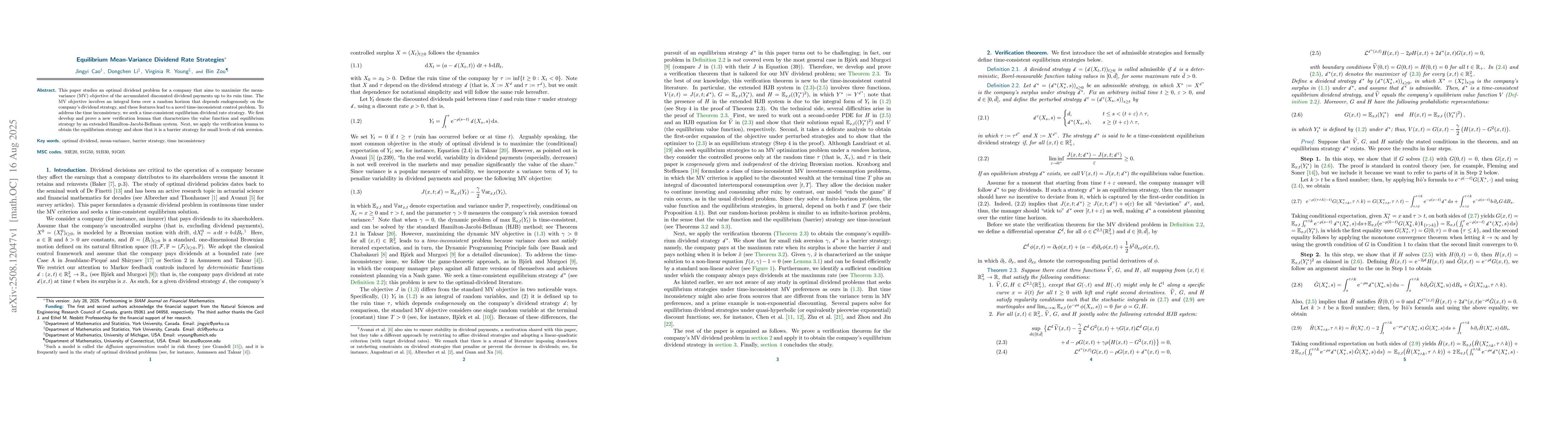 Thumbnail for Equilibrium Mean-Variance Dividend Rate Strategies