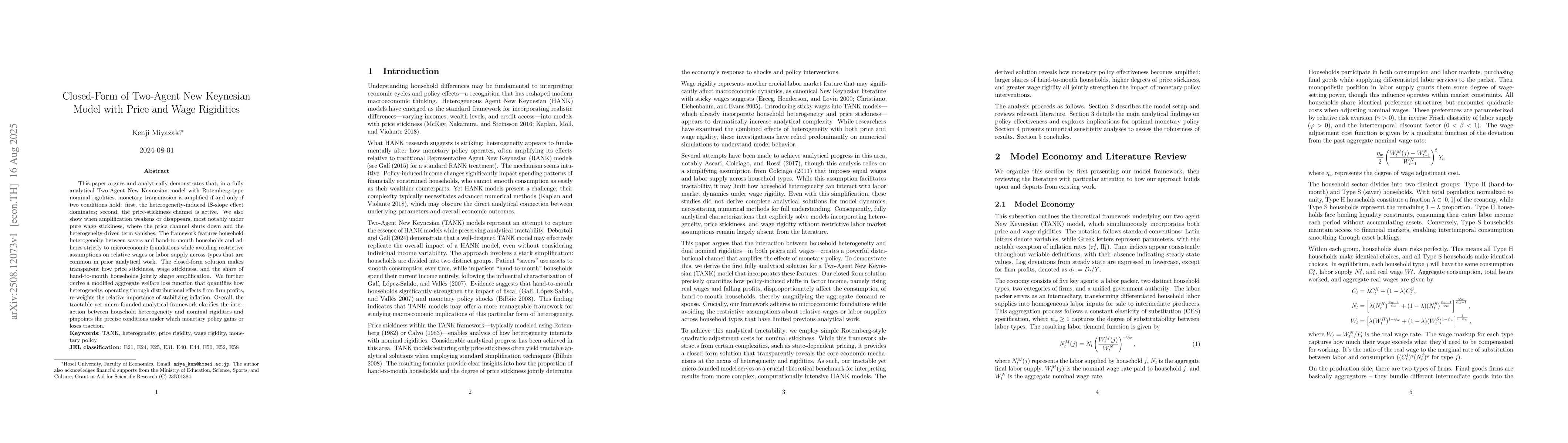 Thumbnail for Closed-Form of Two-Agent New Keynesian Model with Price and Wage
  Rigidities