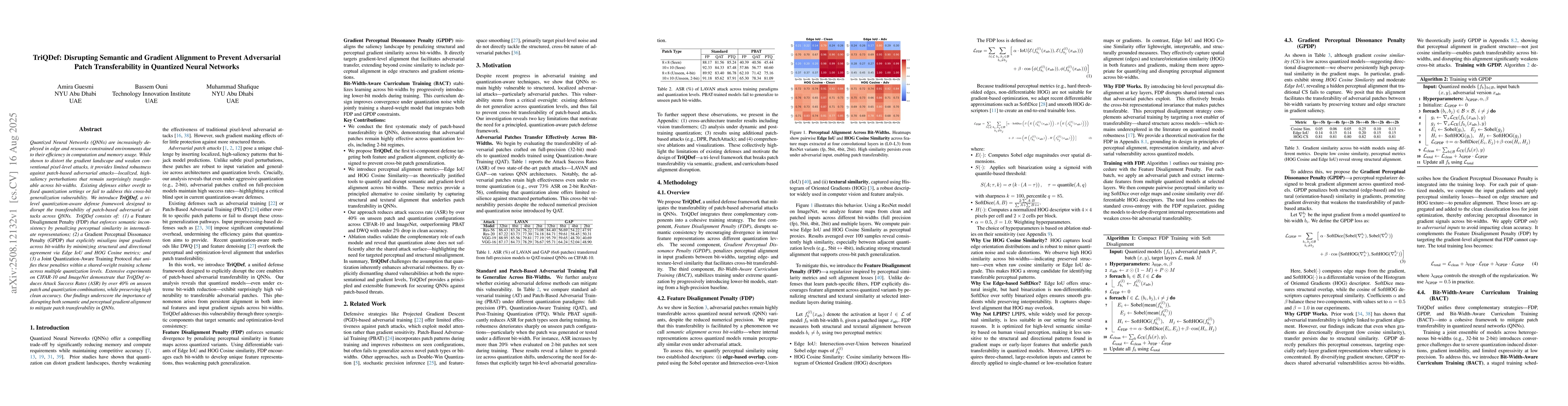 Thumbnail for TriQDef: Disrupting Semantic and Gradient Alignment to Prevent
  Adversarial Patch Transferability in Quantized Neural Networks