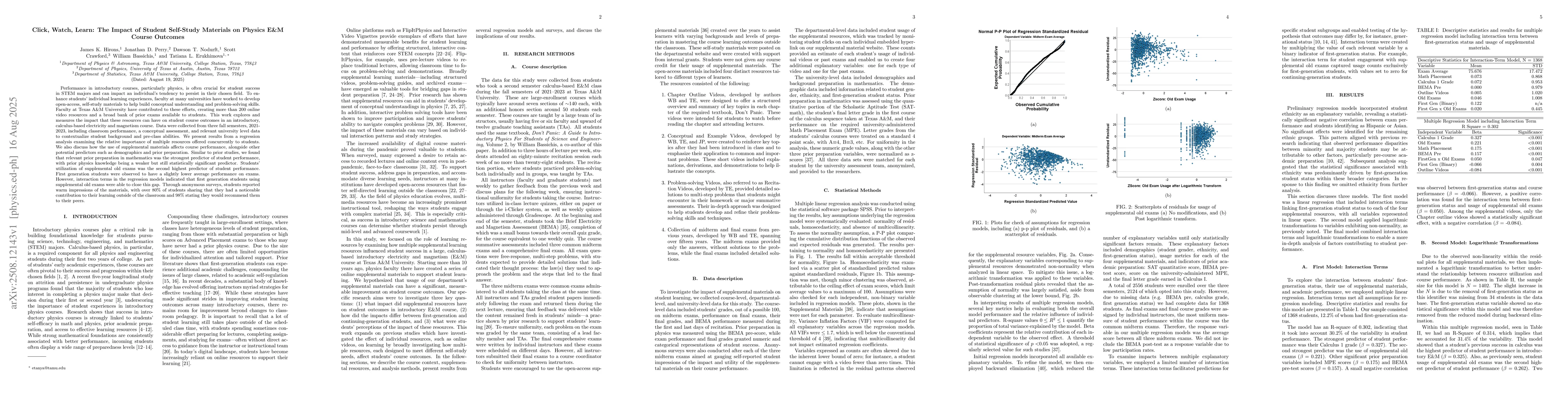 Thumbnail for Click, Watch, Learn: The Impact of Student Self-Study Materials on
  Physics E&M Course Outcomes
