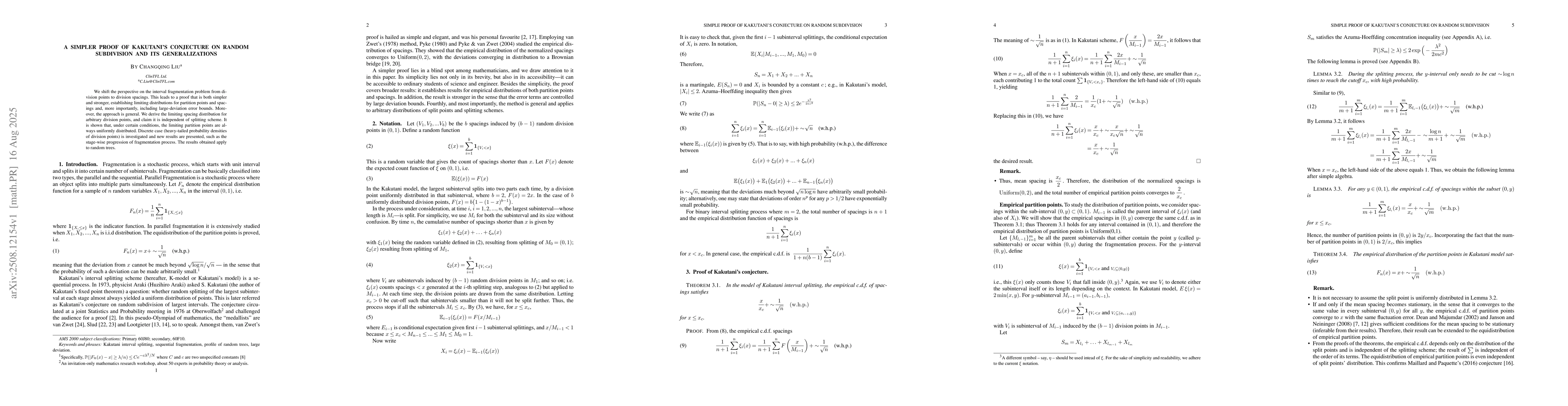 Thumbnail for A Simpler Proof of Kakutani's Conjecture on Random Subdivision and Its
  Generalizations