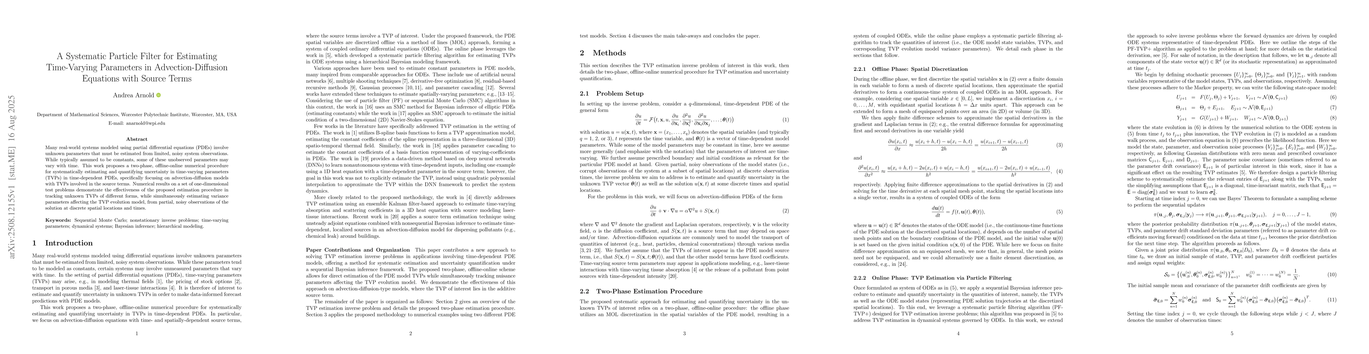 Thumbnail for A Systematic Particle Filter for Estimating Time-Varying Parameters in
  Advection-Diffusion Equations with Source Terms