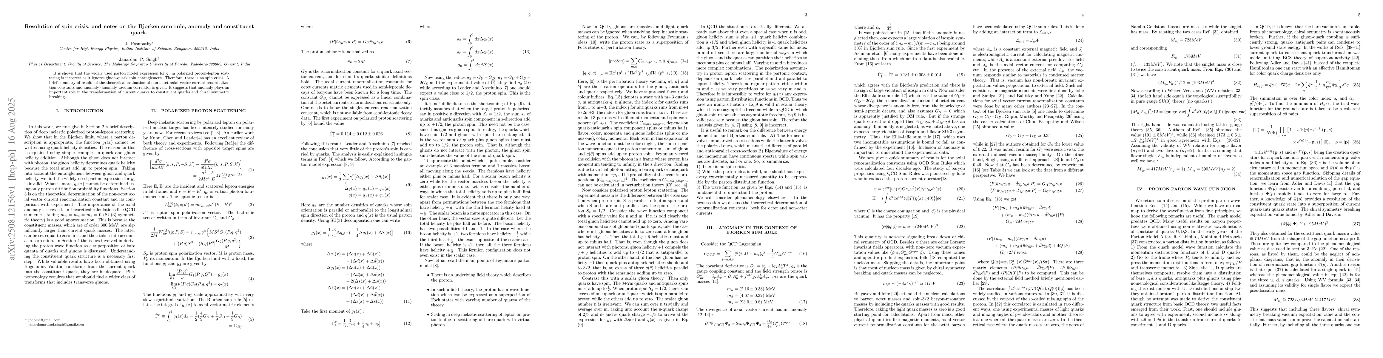 Thumbnail for Resolution of spin crisis, and notes on the Bjorken sum rule, anomaly
  and constituent quark