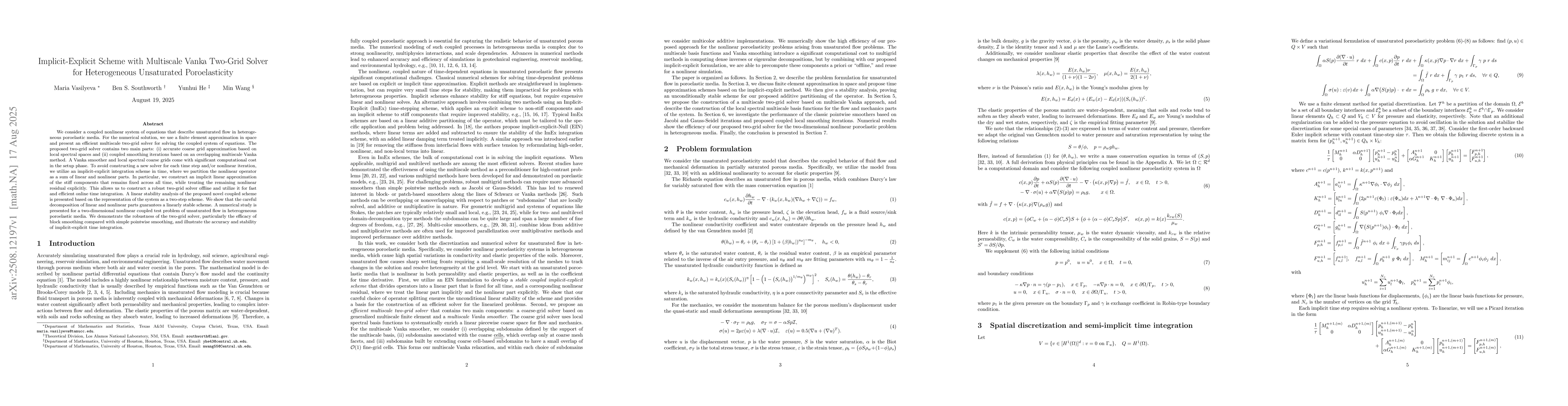 Thumbnail for Implicit-Explicit Scheme with Multiscale Vanka Two-Grid Solver for
  Heterogeneous Unsaturated Poroelasticity