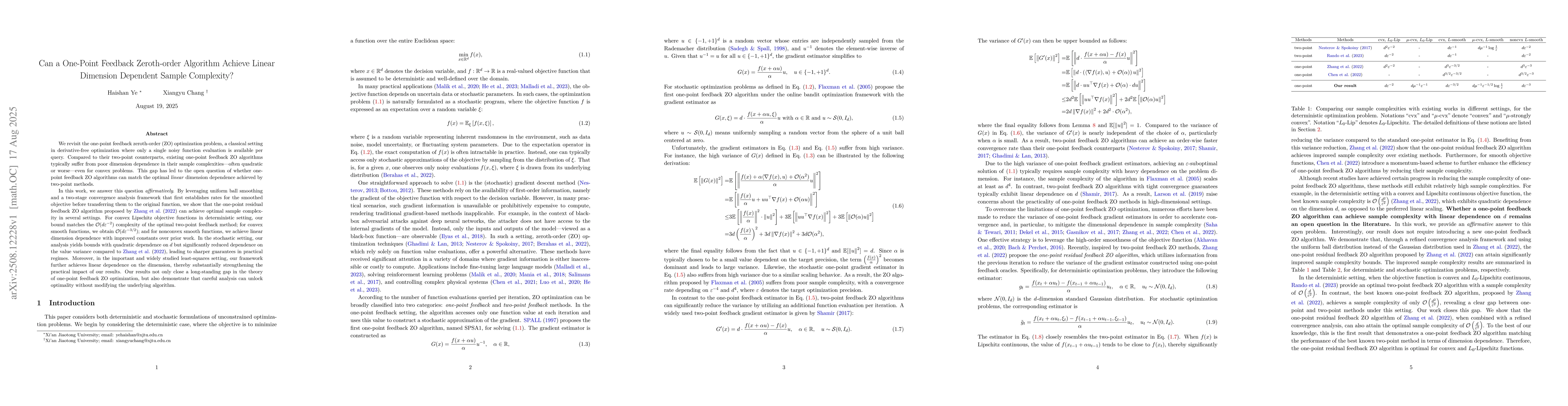 Thumbnail for Can a One-Point Feedback Zeroth-order Algorithm Achieve Linear Dimension
  Dependent Sample Complexity?
