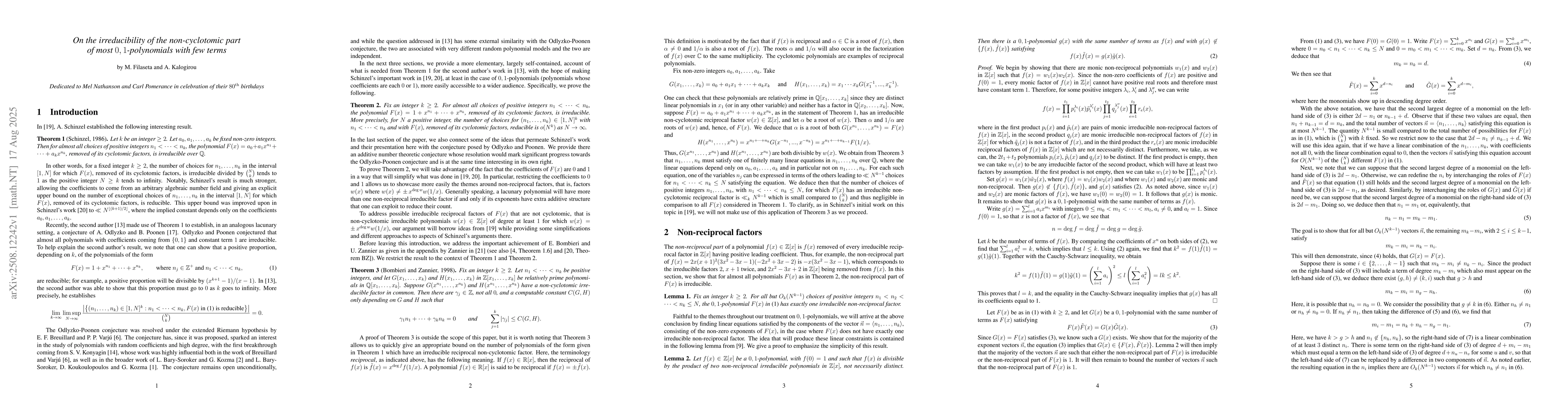 Thumbnail for On the irreducibility of the non-cyclotomic part of most 0,1-polynomials
  with few terms