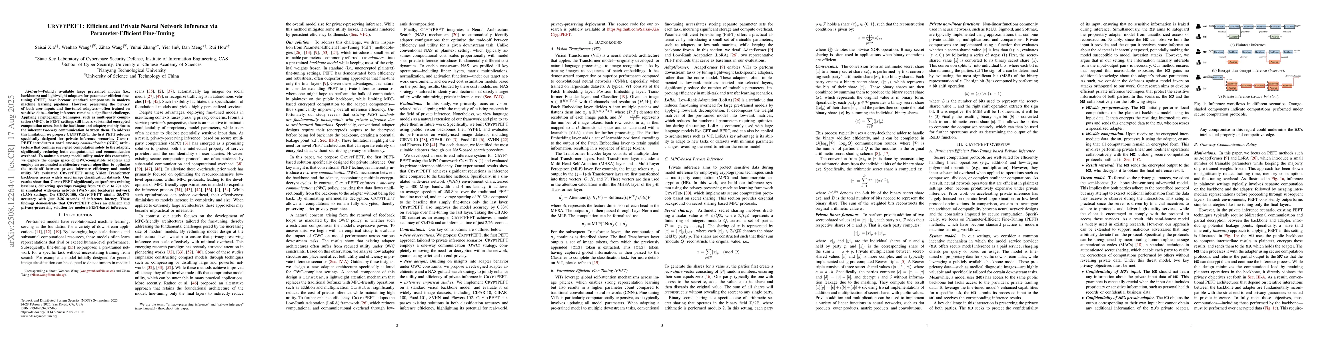 Thumbnail for CryptPEFT: Efficient and Private Neural Network Inference via
  Parameter-Efficient Fine-Tuning