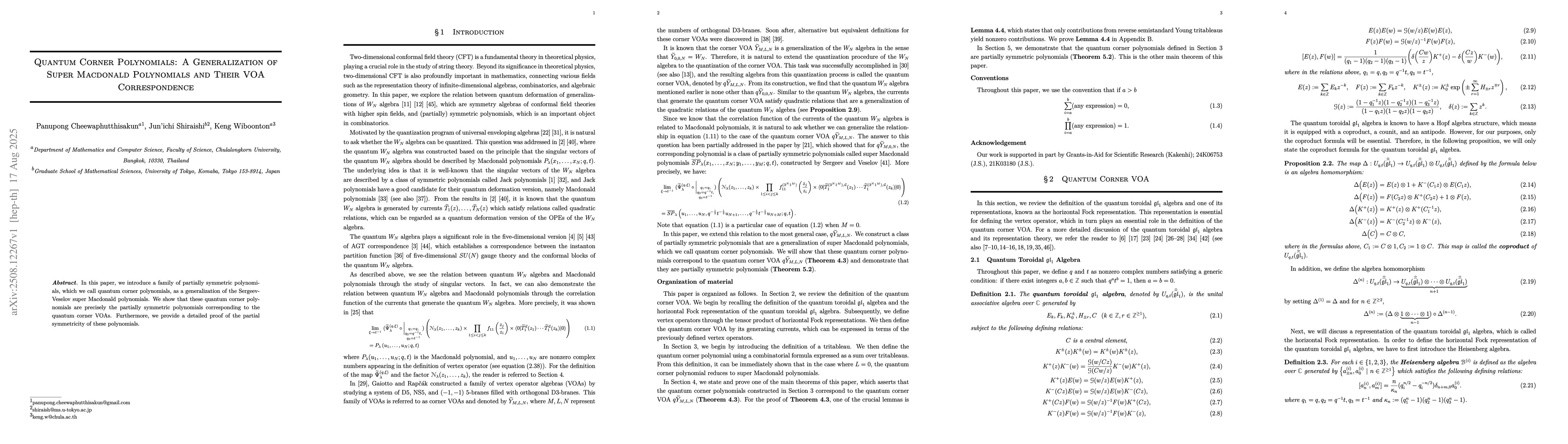 Thumbnail for Quantum Corner Polynomials: A Generalization of Super Macdonald
  Polynomials and Their VOA Correspondence