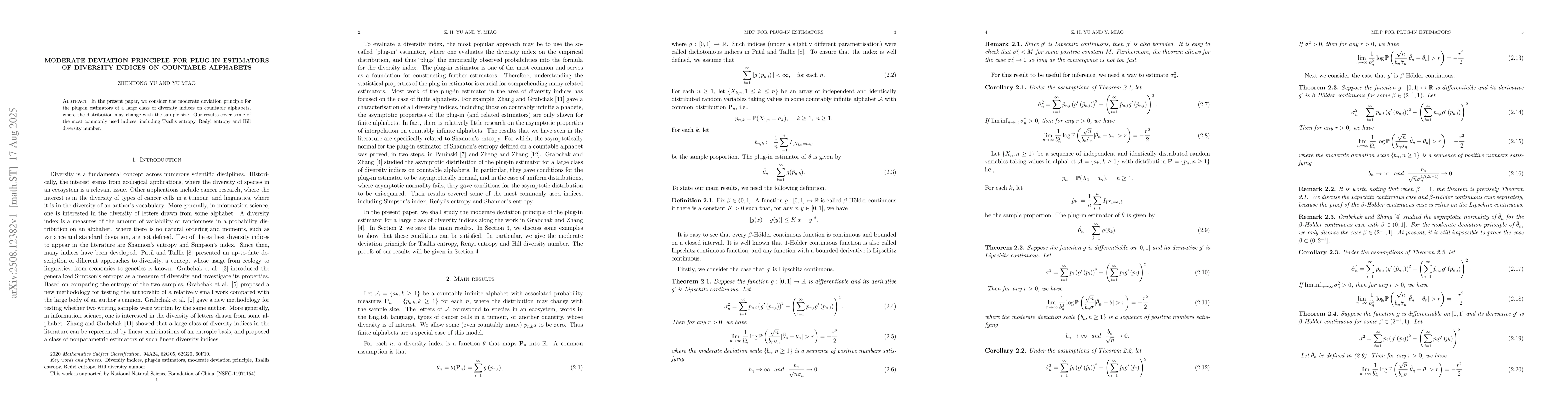 Thumbnail for Moderate deviation principle for plug-in estimators of diversity indices
  on countable alphabets