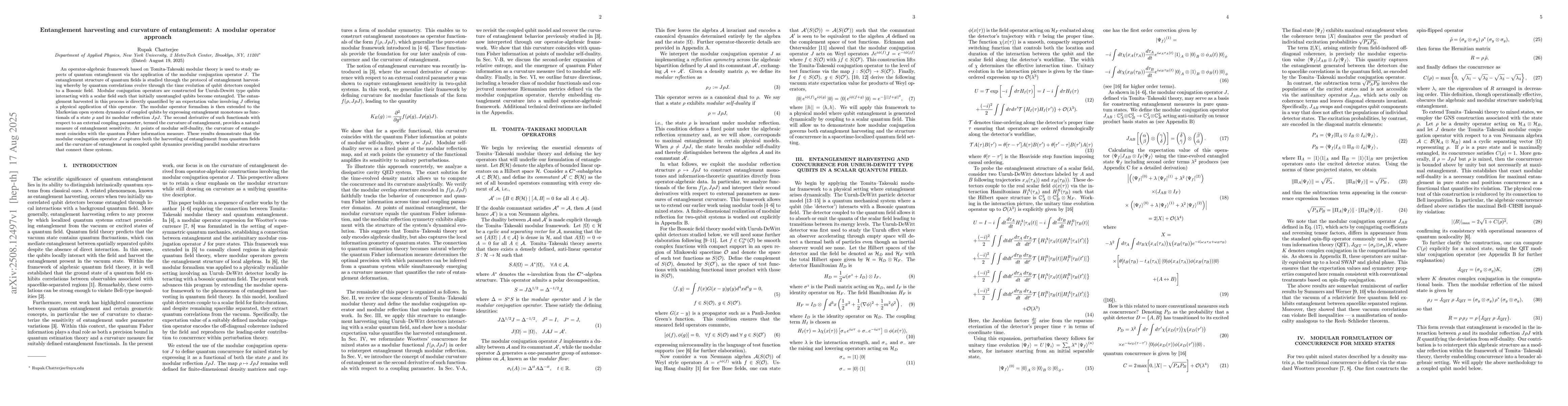 Thumbnail for Entanglement harvesting and curvature of entanglement: A modular
  operator approach