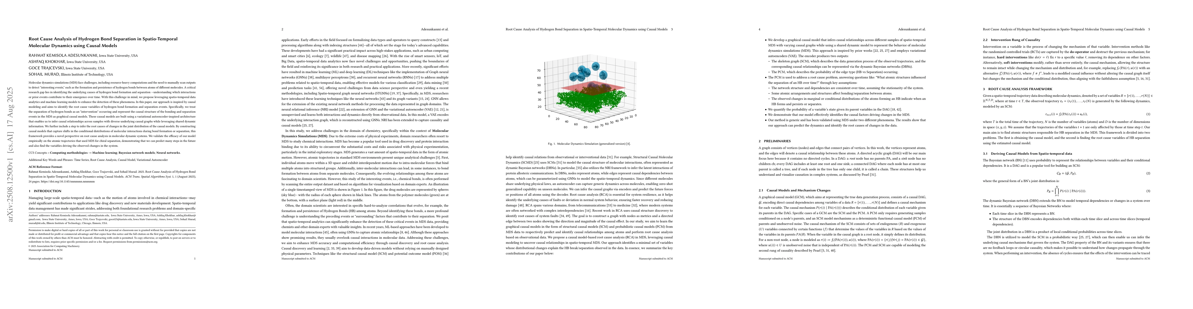 Thumbnail for Root Cause Analysis of Hydrogen Bond Separation in Spatio-Temporal
  Molecular Dynamics using Causal Models