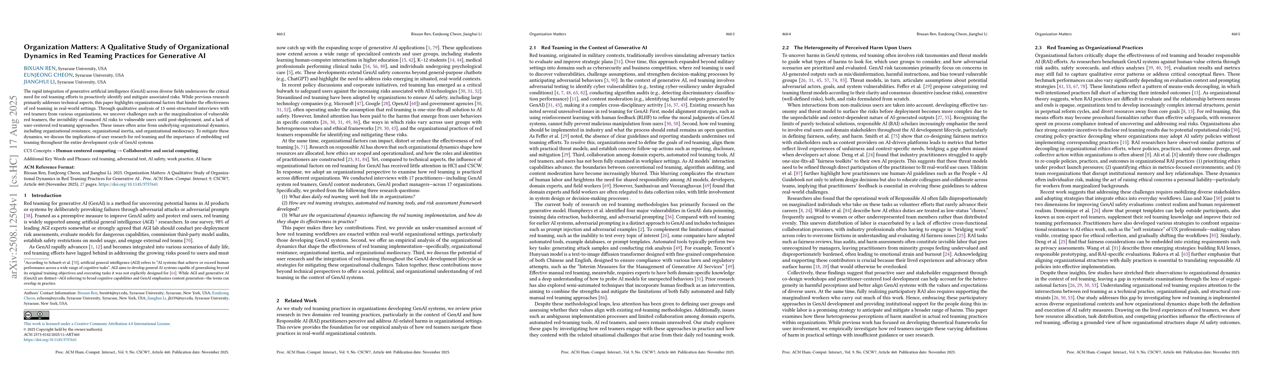 Thumbnail for Organization Matters: A Qualitative Study of Organizational Dynamics in
  Red Teaming Practices For Generative AI